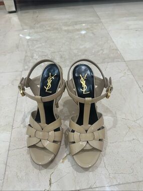 Authentic Yves Saint Laurent Beige Patent Leather T-Strap Knot Heels